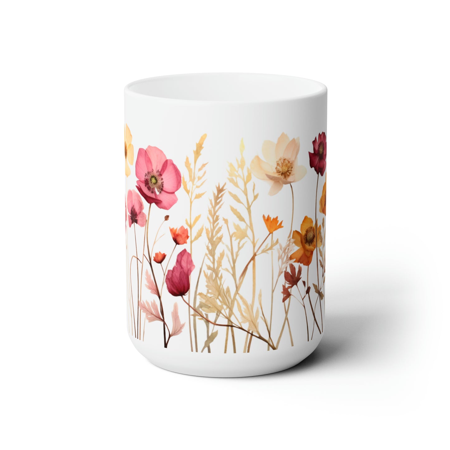 Boho Wild Flowers Ceramic Mug, Pressed Flowers Mug, Flower Garden Lover Gift, Vintage Botanical Mug, Pastel Floral Nature Mug